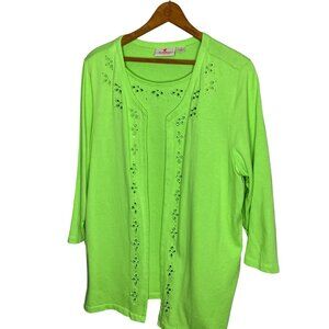 Quacker Factory Large L‎ Lime Green 100% Cotton Knit Eyelet Rhinestone Duet Top